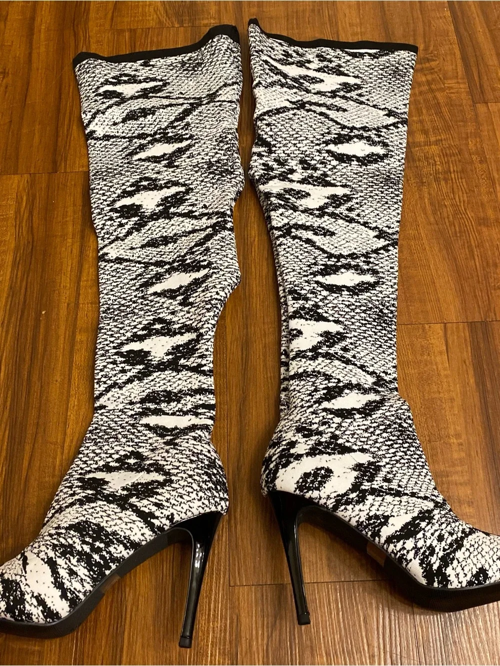 Wild Diva Black & White Snake-Print Over-the-Knee Peep-Toe Boots